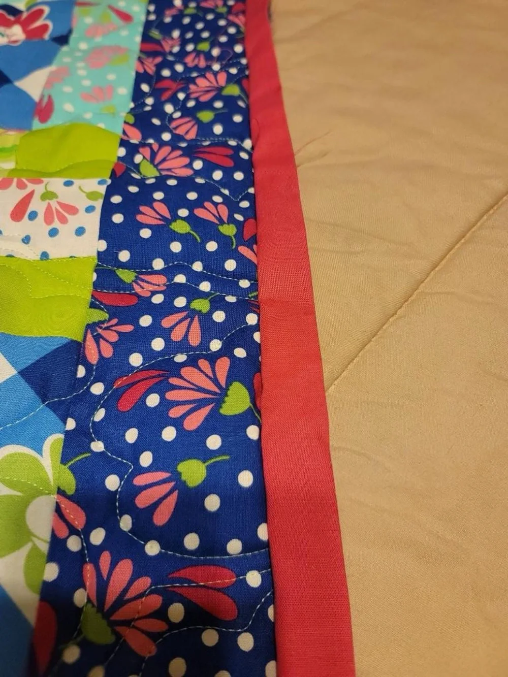 ONE OF A KIND Colorful Floral Patchwork Quilt - Bright Blue, Green & Pink